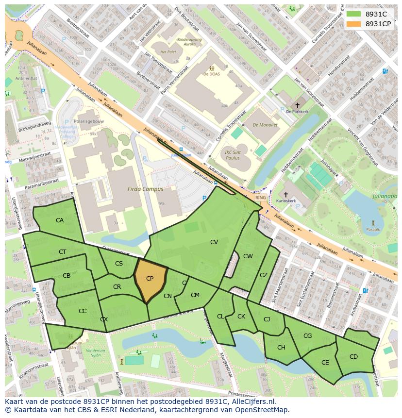 Afbeelding van het postcodegebied 8931 CP op de kaart.