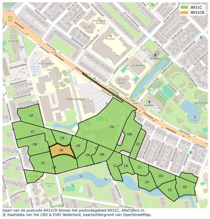 Afbeelding van het postcodegebied 8931 CR op de kaart.
