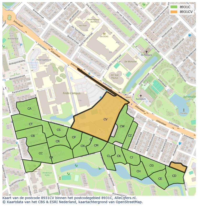 Afbeelding van het postcodegebied 8931 CV op de kaart.