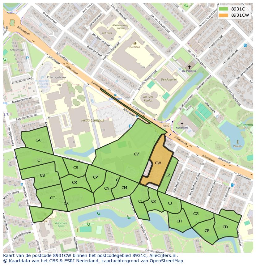 Afbeelding van het postcodegebied 8931 CW op de kaart.