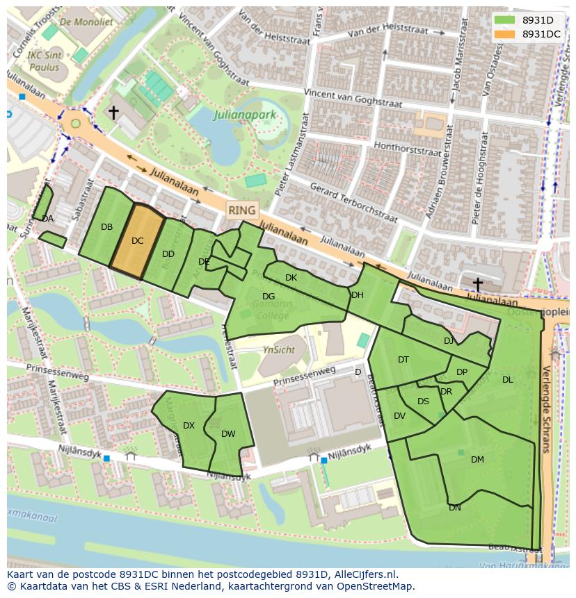 Afbeelding van het postcodegebied 8931 DC op de kaart.