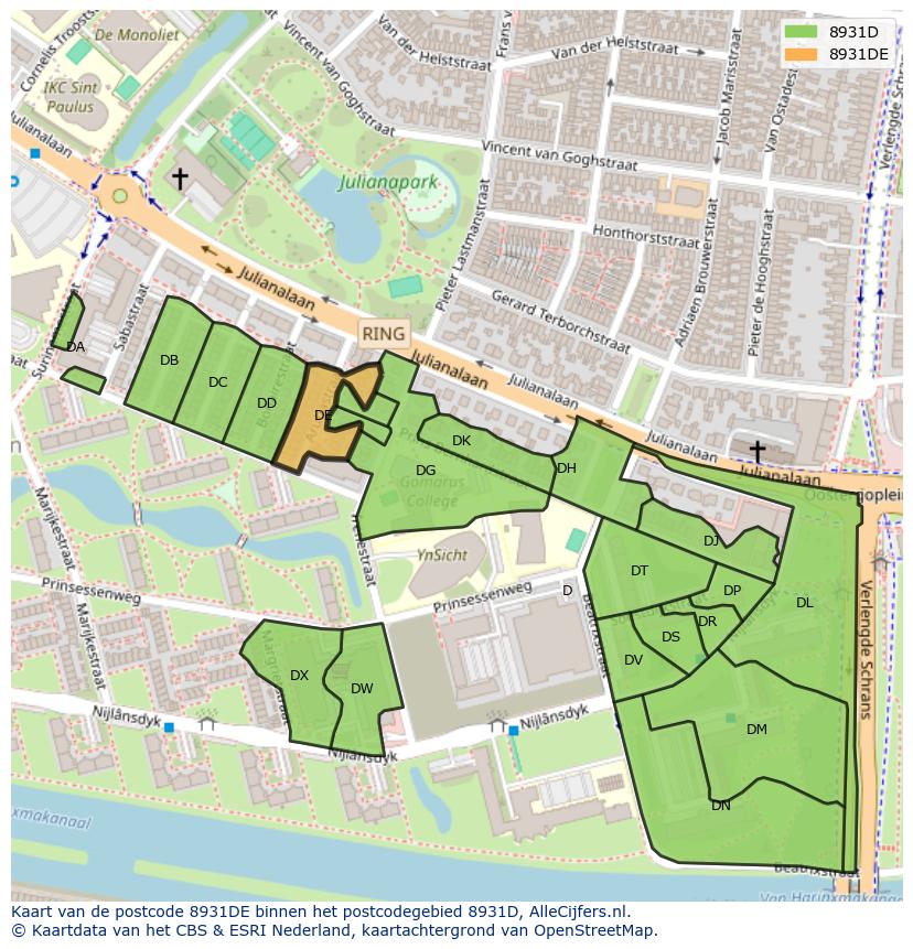 Afbeelding van het postcodegebied 8931 DE op de kaart.