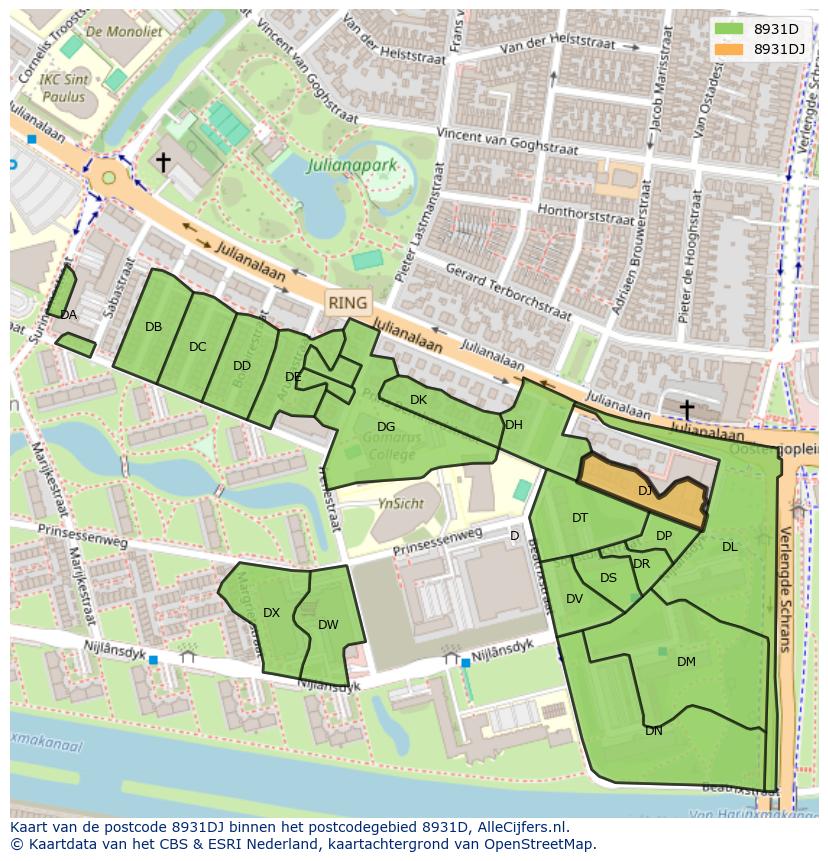 Afbeelding van het postcodegebied 8931 DJ op de kaart.
