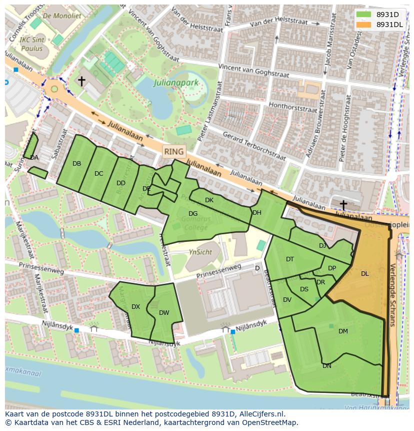 Afbeelding van het postcodegebied 8931 DL op de kaart.