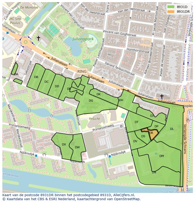 Afbeelding van het postcodegebied 8931 DR op de kaart.