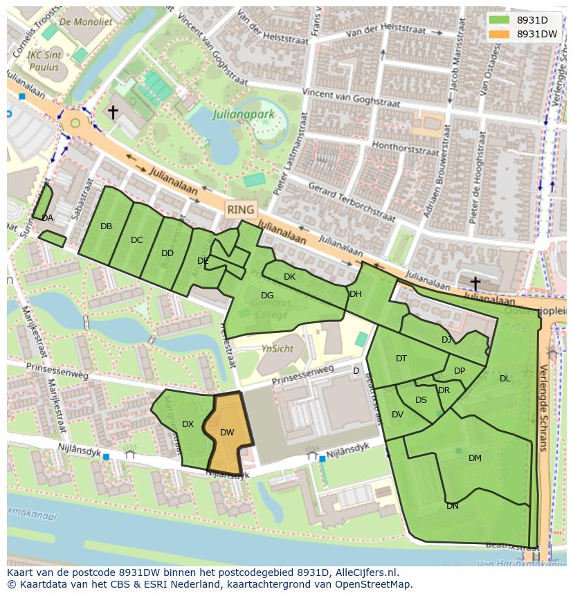 Afbeelding van het postcodegebied 8931 DW op de kaart.