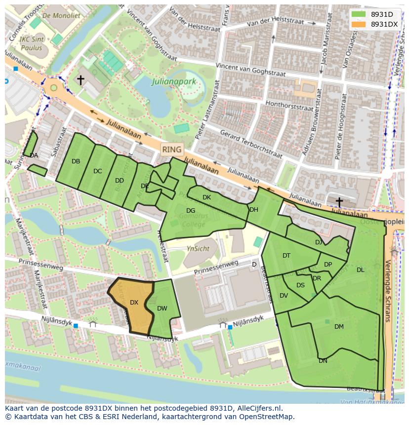 Afbeelding van het postcodegebied 8931 DX op de kaart.