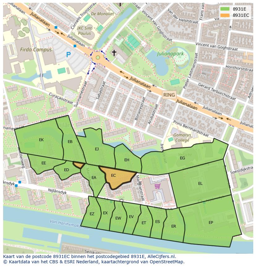 Afbeelding van het postcodegebied 8931 EC op de kaart.