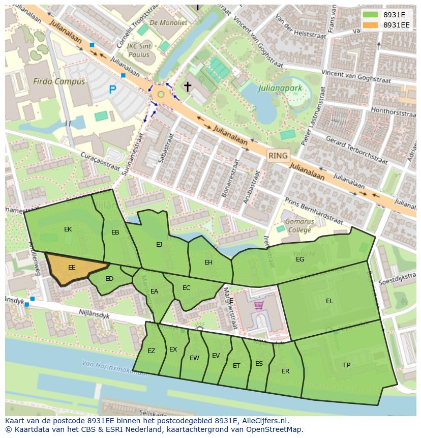 Afbeelding van het postcodegebied 8931 EE op de kaart.