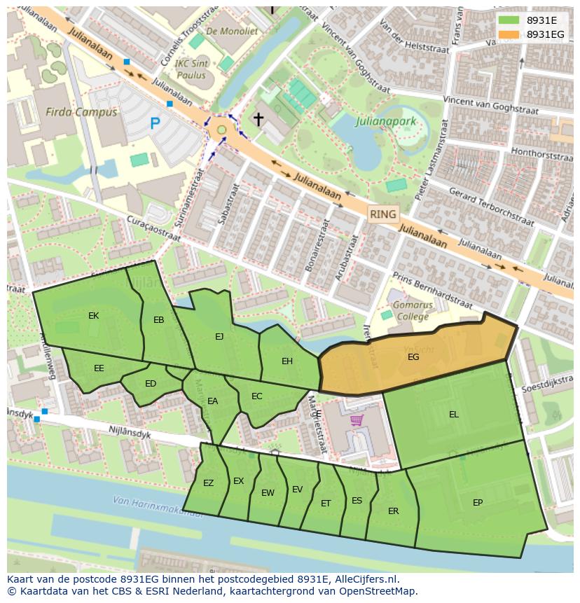 Afbeelding van het postcodegebied 8931 EG op de kaart.