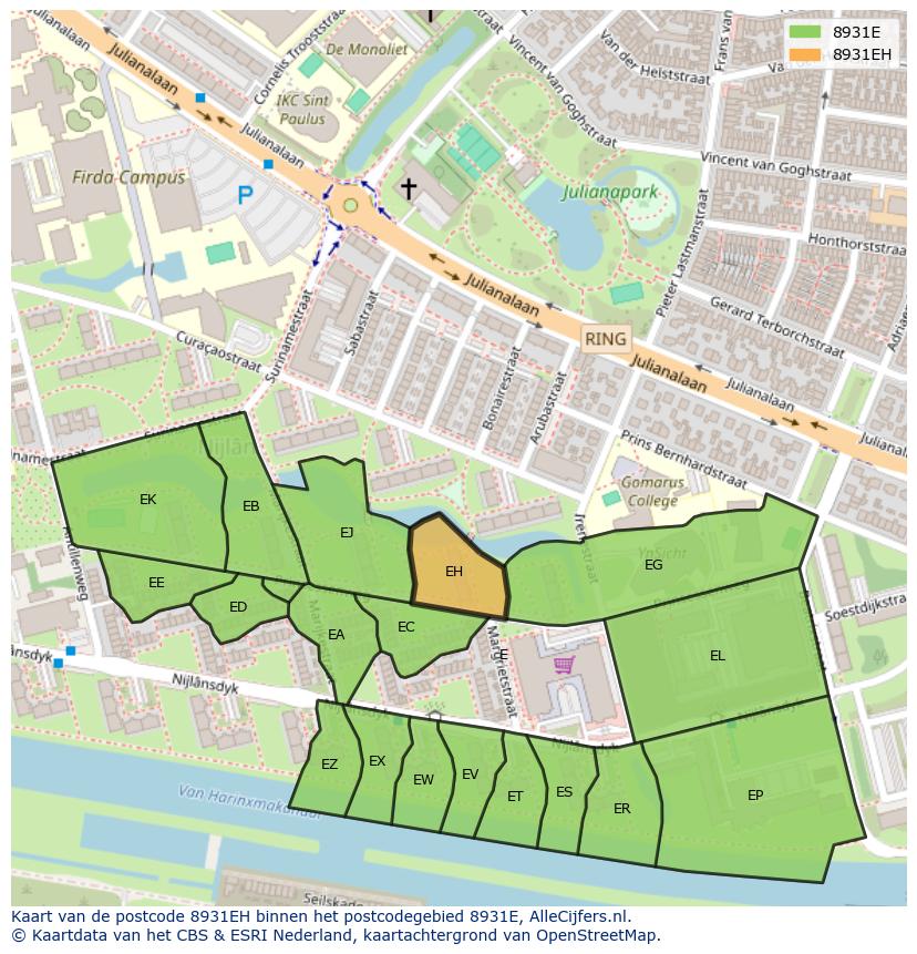 Afbeelding van het postcodegebied 8931 EH op de kaart.