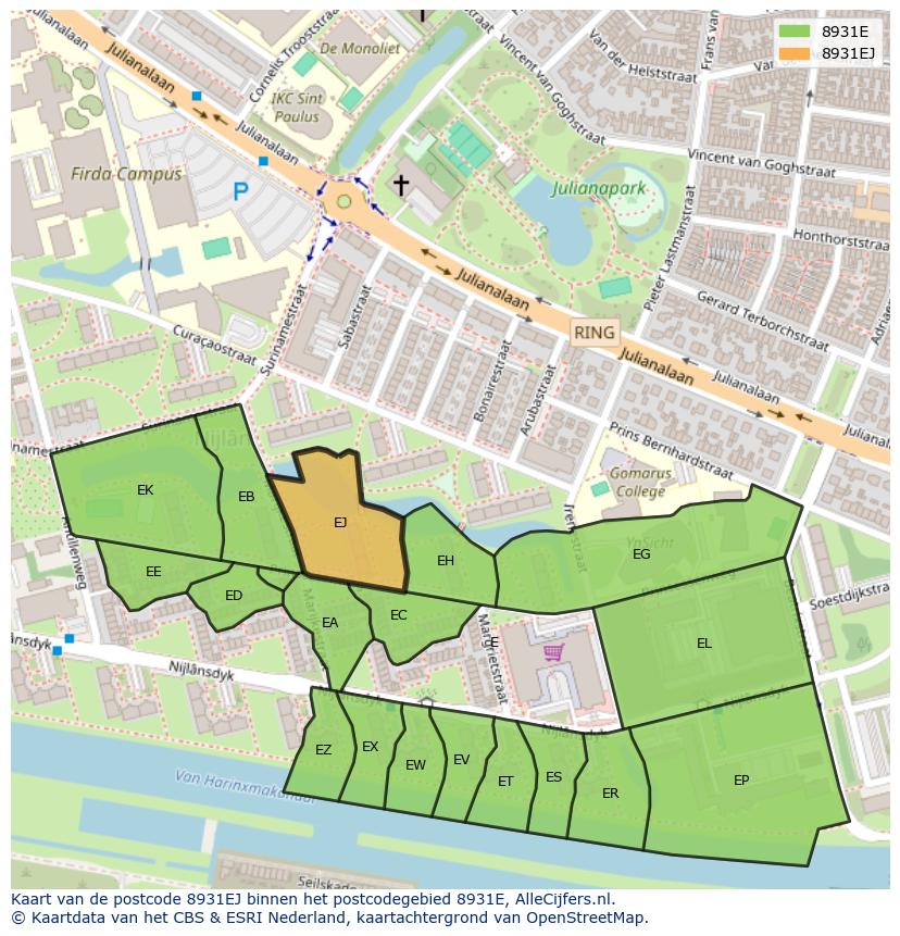 Afbeelding van het postcodegebied 8931 EJ op de kaart.