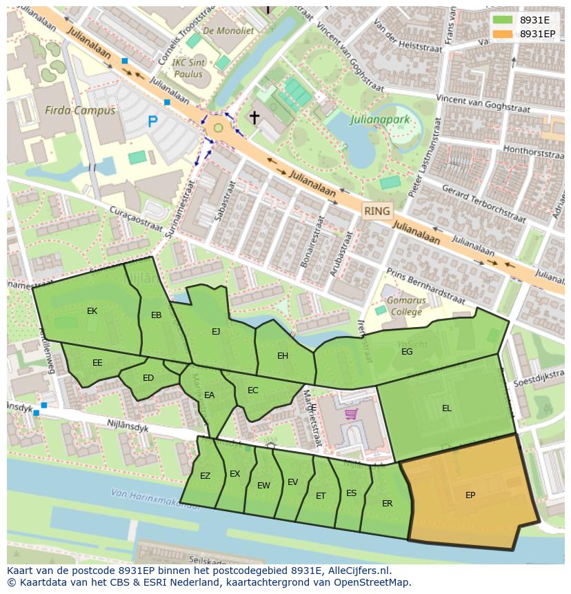 Afbeelding van het postcodegebied 8931 EP op de kaart.