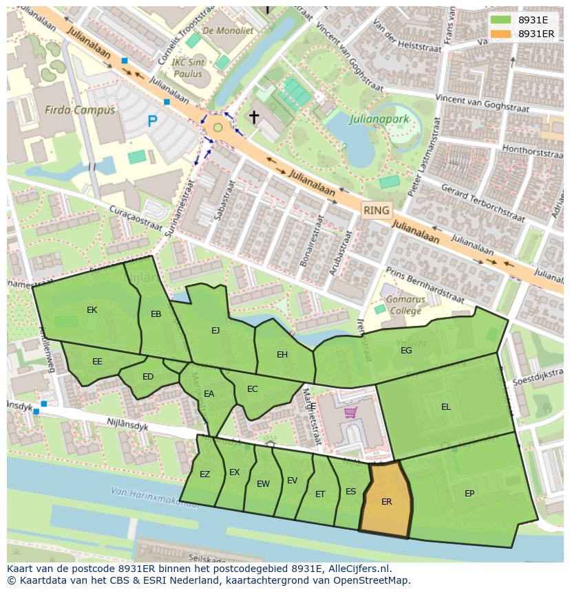 Afbeelding van het postcodegebied 8931 ER op de kaart.