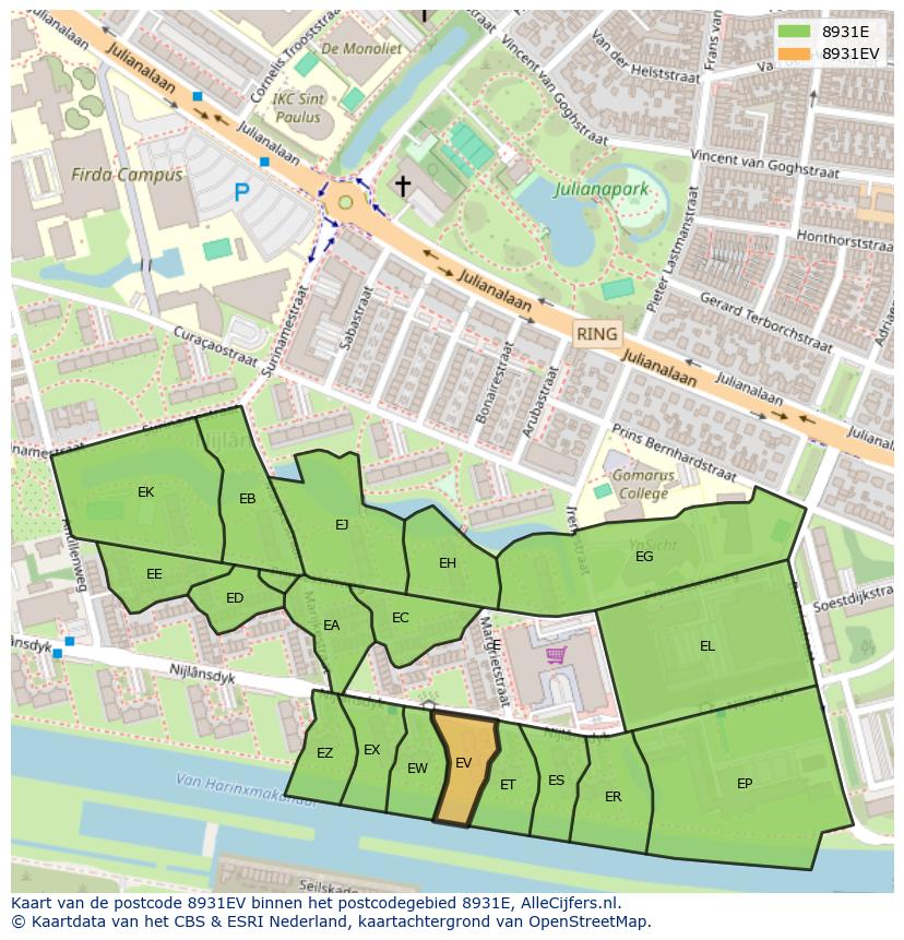 Afbeelding van het postcodegebied 8931 EV op de kaart.