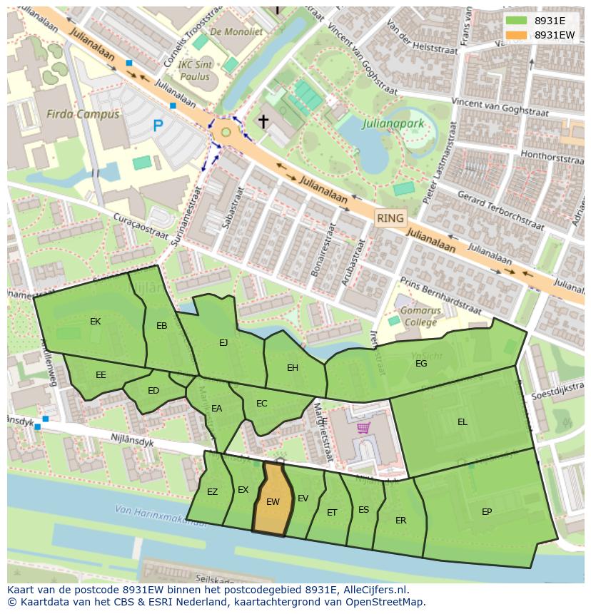 Afbeelding van het postcodegebied 8931 EW op de kaart.