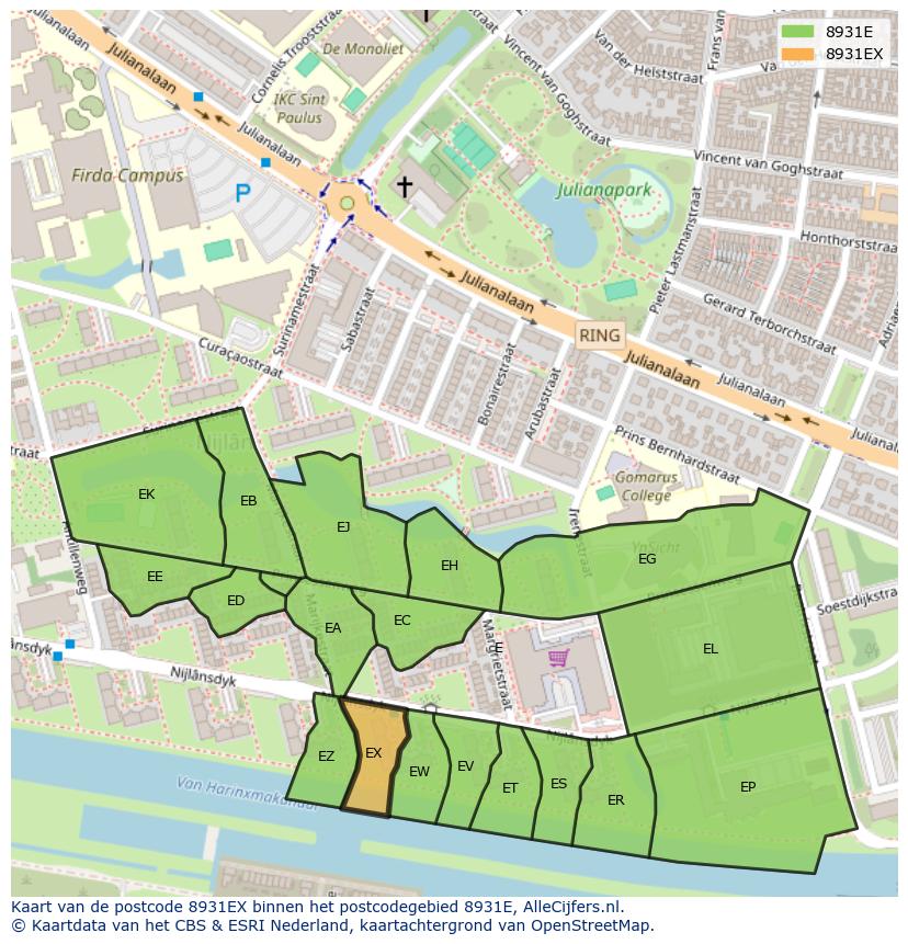 Afbeelding van het postcodegebied 8931 EX op de kaart.