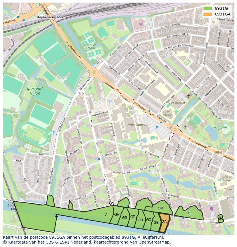 Afbeelding van het postcodegebied 8931 GA op de kaart.
