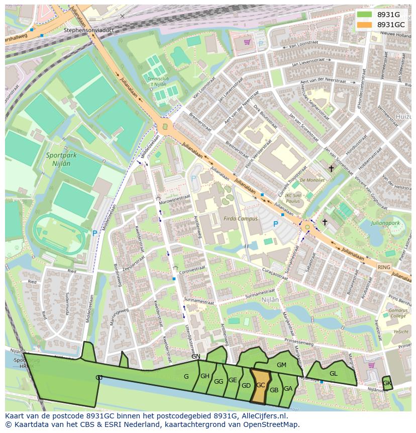 Afbeelding van het postcodegebied 8931 GC op de kaart.