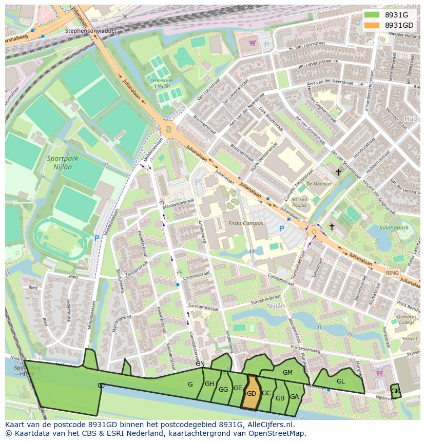 Afbeelding van het postcodegebied 8931 GD op de kaart.