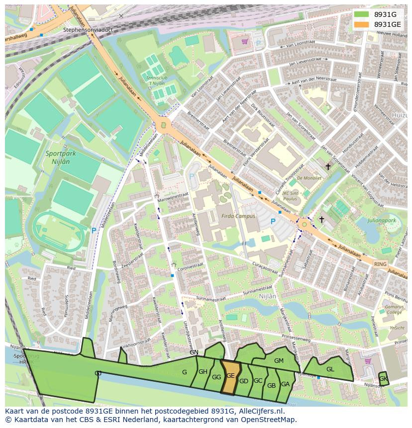 Afbeelding van het postcodegebied 8931 GE op de kaart.