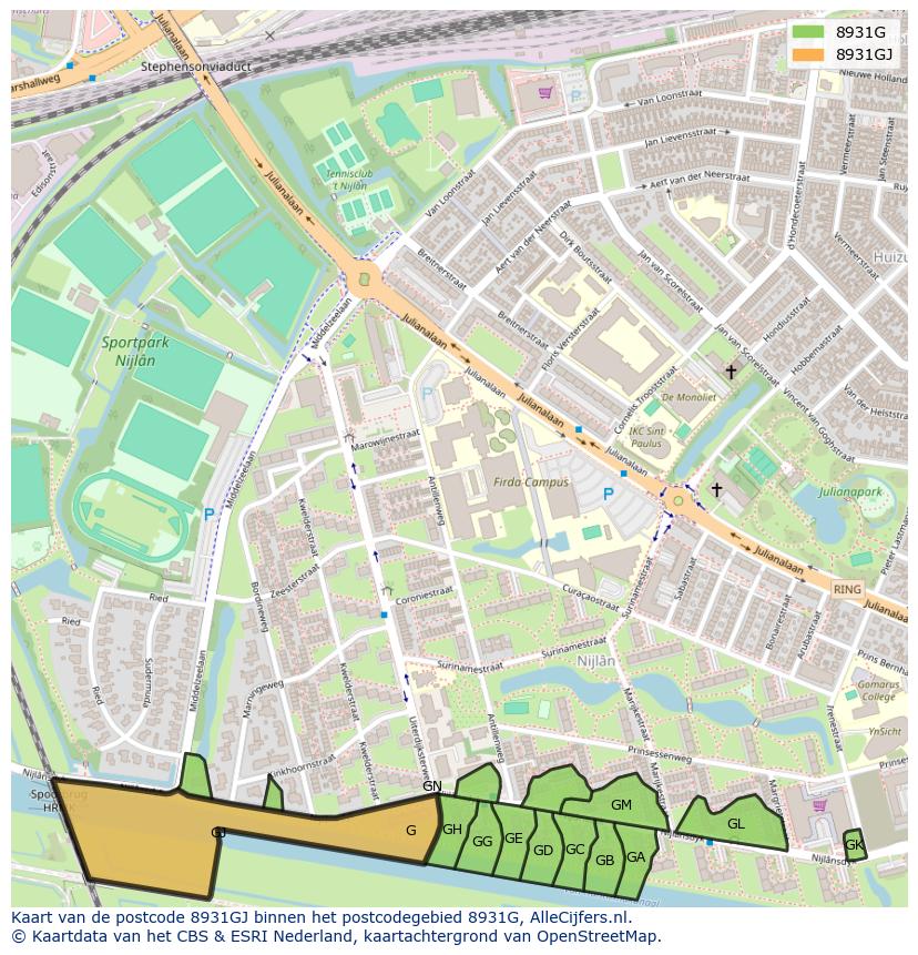Afbeelding van het postcodegebied 8931 GJ op de kaart.