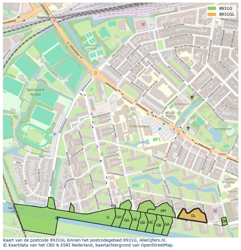 Afbeelding van het postcodegebied 8931 GL op de kaart.