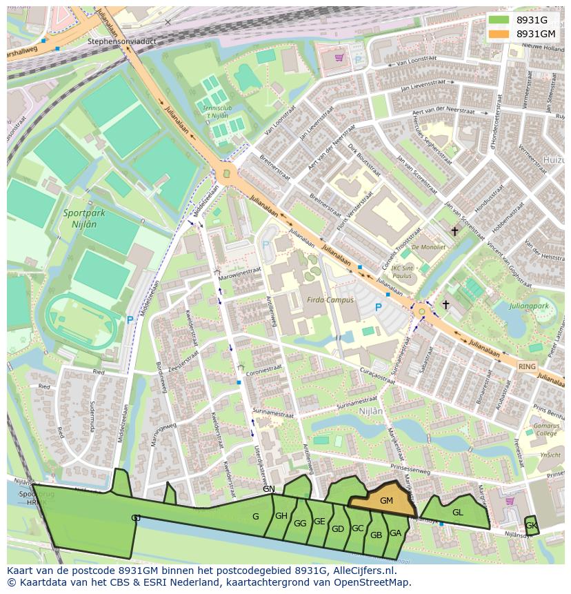 Afbeelding van het postcodegebied 8931 GM op de kaart.