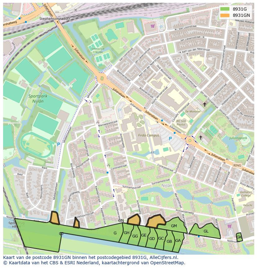 Afbeelding van het postcodegebied 8931 GN op de kaart.
