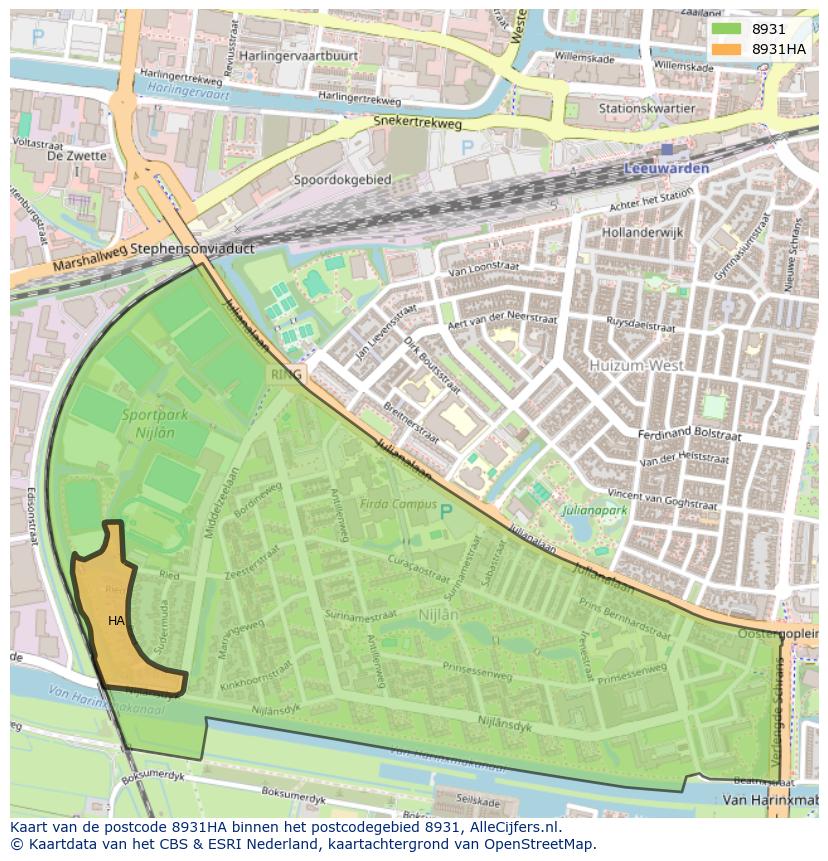 Afbeelding van het postcodegebied 8931 HA op de kaart.