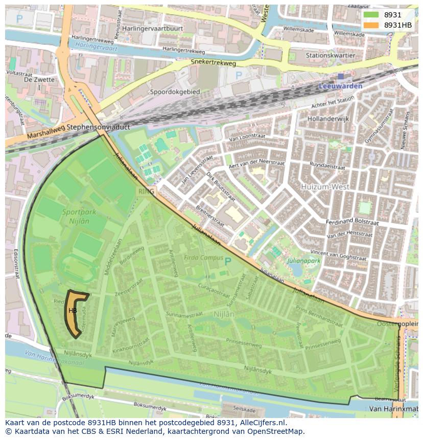 Afbeelding van het postcodegebied 8931 HB op de kaart.