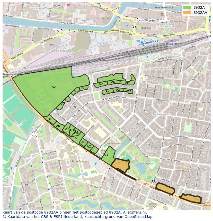 Afbeelding van het postcodegebied 8932 AA op de kaart.