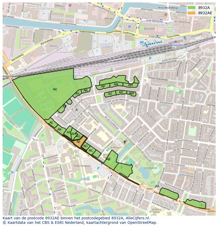 Afbeelding van het postcodegebied 8932 AE op de kaart.