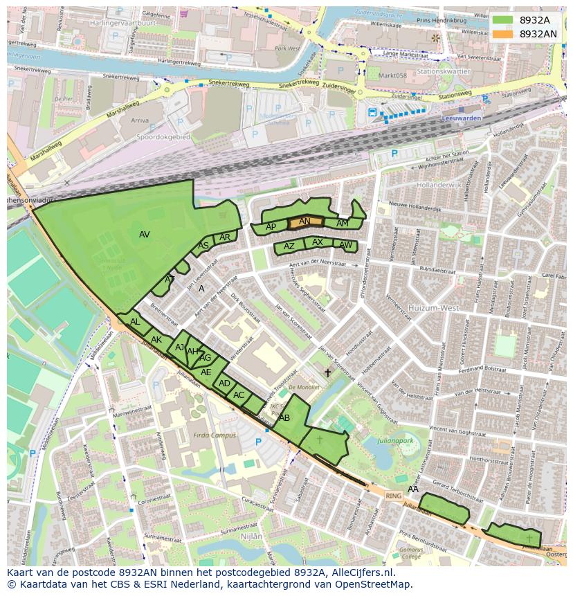 Afbeelding van het postcodegebied 8932 AN op de kaart.
