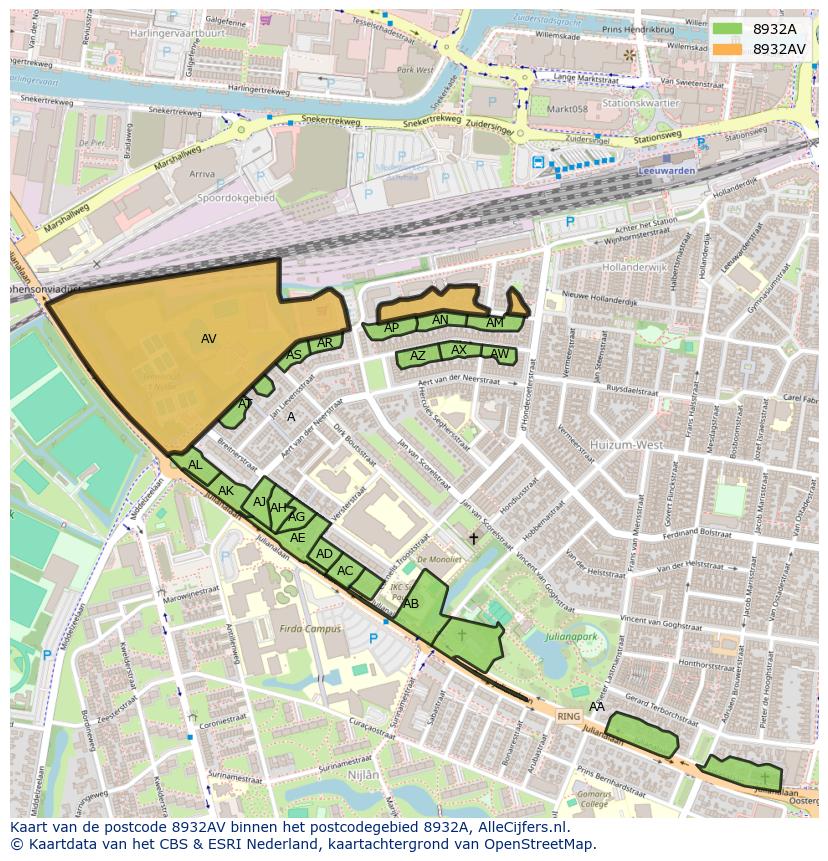 Afbeelding van het postcodegebied 8932 AV op de kaart.