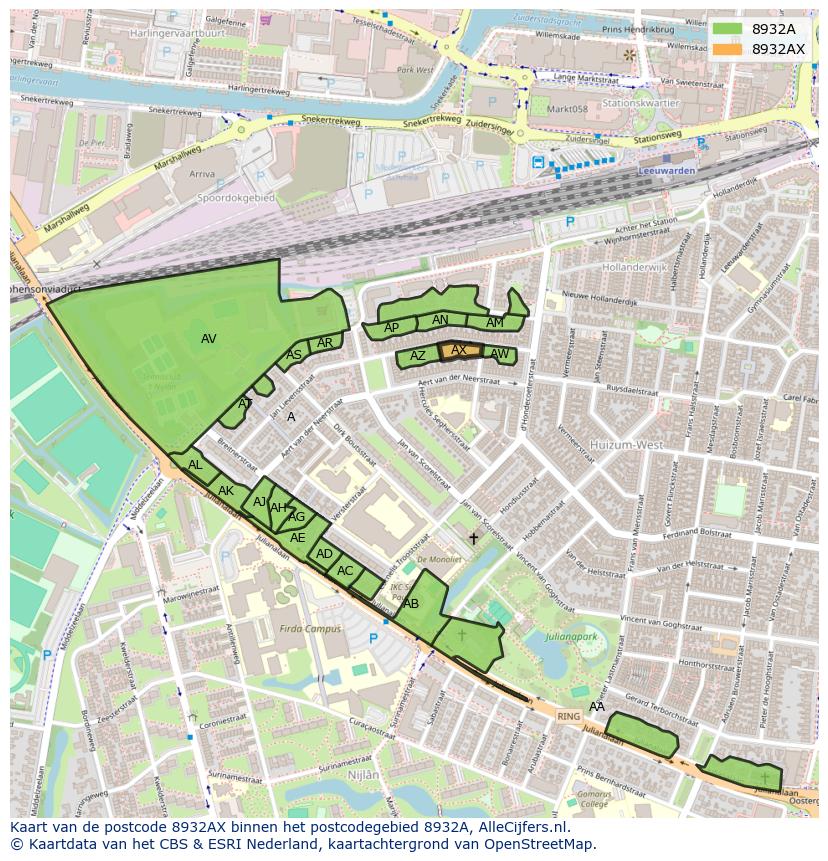 Afbeelding van het postcodegebied 8932 AX op de kaart.