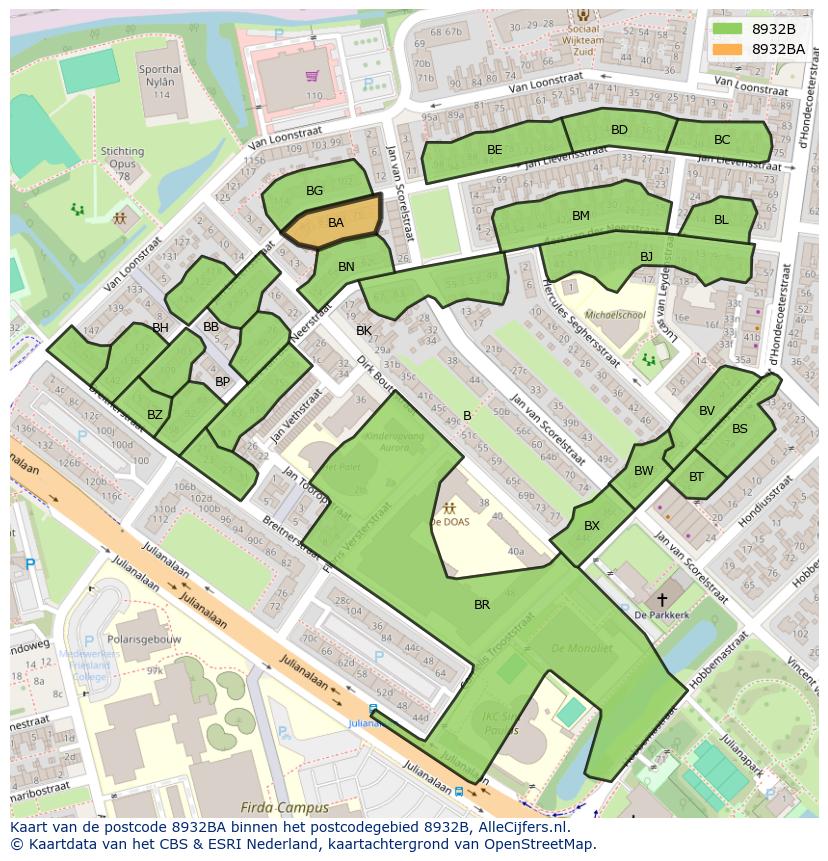 Afbeelding van het postcodegebied 8932 BA op de kaart.