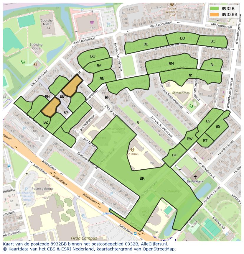 Afbeelding van het postcodegebied 8932 BB op de kaart.
