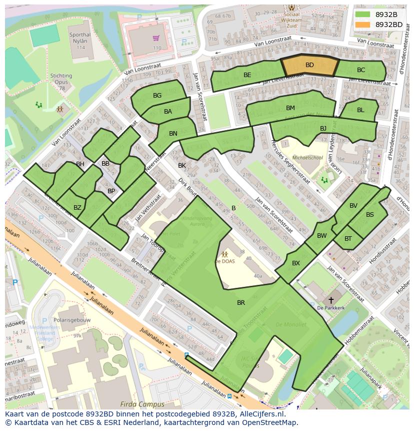 Afbeelding van het postcodegebied 8932 BD op de kaart.