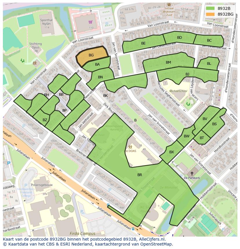 Afbeelding van het postcodegebied 8932 BG op de kaart.