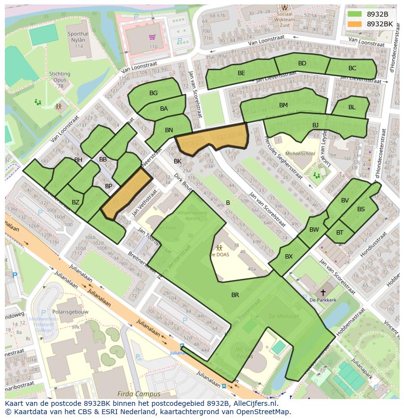 Afbeelding van het postcodegebied 8932 BK op de kaart.