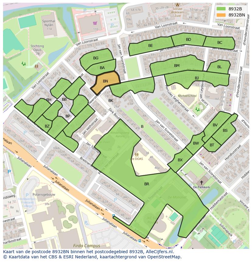 Afbeelding van het postcodegebied 8932 BN op de kaart.