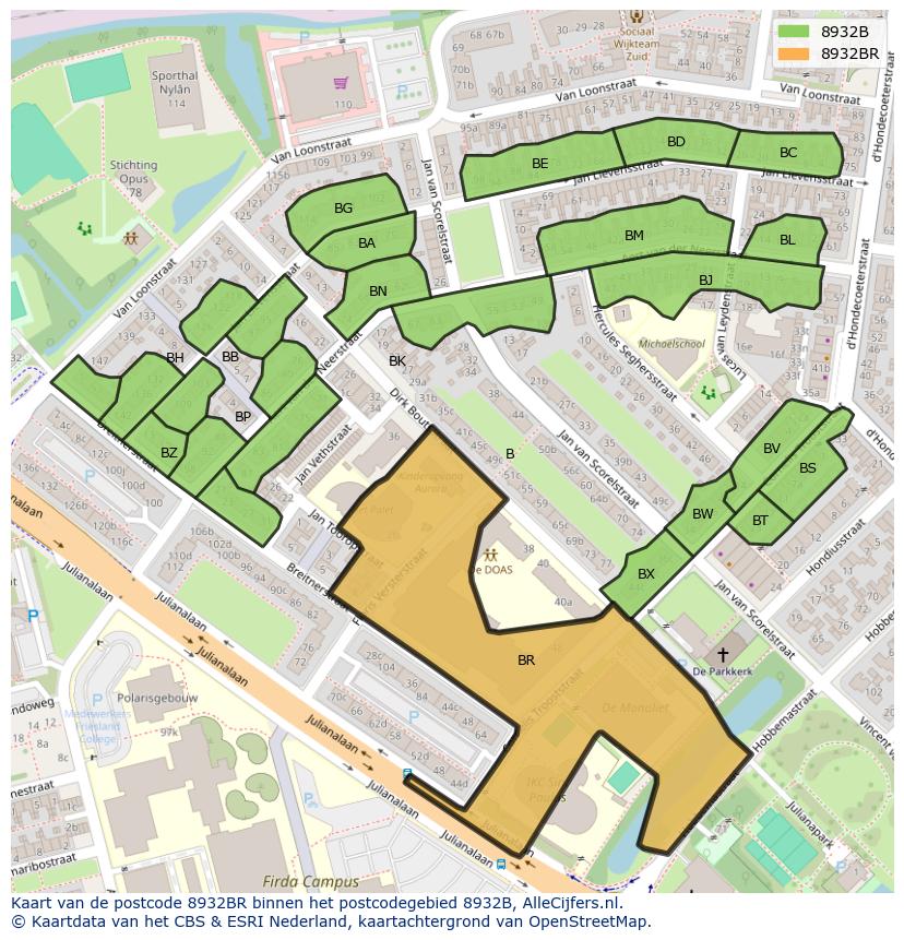 Afbeelding van het postcodegebied 8932 BR op de kaart.