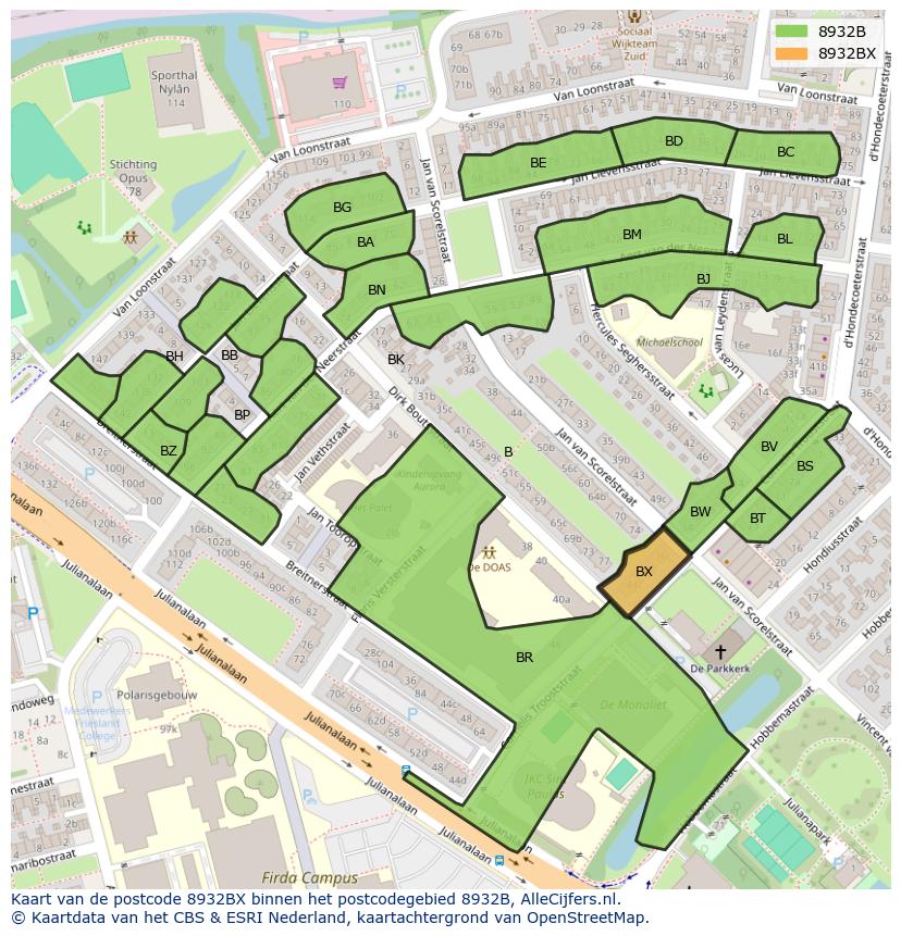 Afbeelding van het postcodegebied 8932 BX op de kaart.