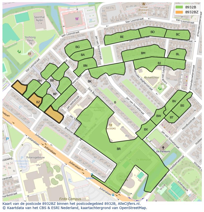 Afbeelding van het postcodegebied 8932 BZ op de kaart.