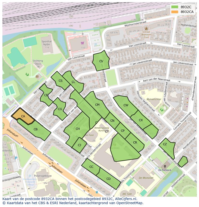 Afbeelding van het postcodegebied 8932 CA op de kaart.