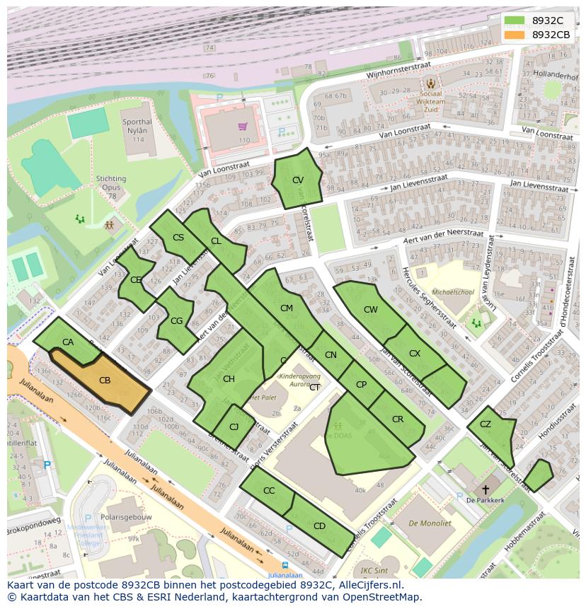 Afbeelding van het postcodegebied 8932 CB op de kaart.