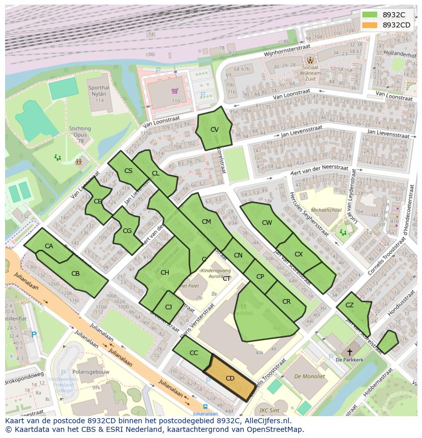 Afbeelding van het postcodegebied 8932 CD op de kaart.