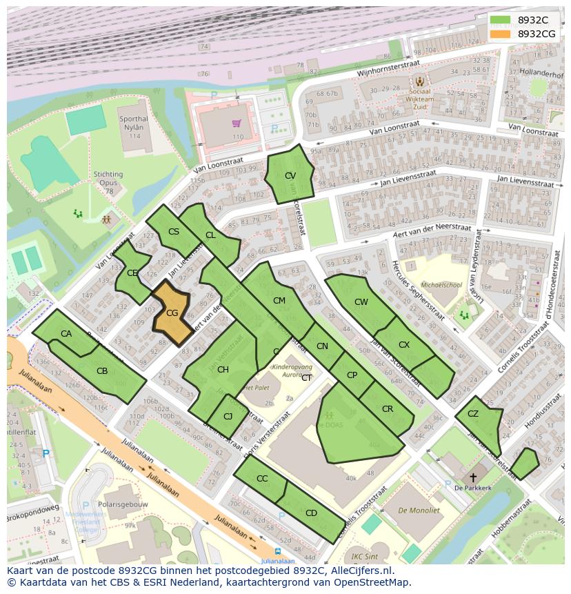 Afbeelding van het postcodegebied 8932 CG op de kaart.