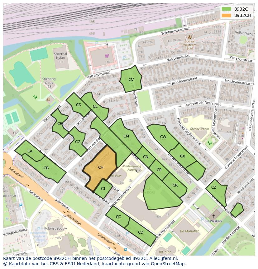 Afbeelding van het postcodegebied 8932 CH op de kaart.